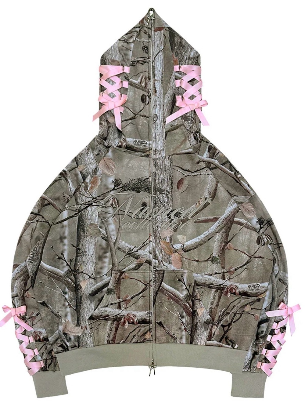 Named Collective Forbidden zip up hoodie, camo print with pink ribbons. Size S/M